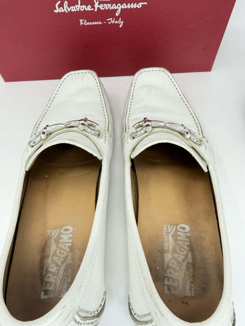 Salvatore Ferragamo Gancini Driving Loafers Men’s 9 D White Leather Made Italy - Picture 9 of 10
